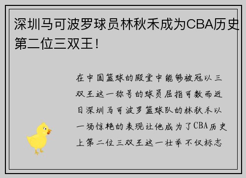 深圳马可波罗球员林秋禾成为CBA历史第二位三双王！
